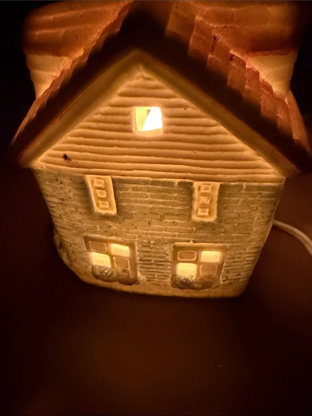 Vintage Ceramic Schoolhouse Night Light Lantern in Warm Beige 5 inches tall